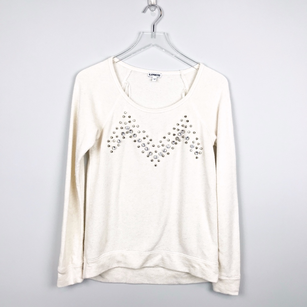 Express Studded Rhinestone Crewneck Sweater Cream